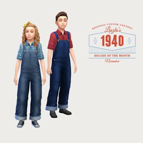 Vintage Overalls | linzlu on Patreon Servant Clothes, Sims 4 Custom Content Patreon, Sims 4 Decades Challenge, Vintage Overalls, Sims 4 Body Mods, Academia Clothes, Patreon Logo, Sims 4 Cc Packs, Sims 4 Cas