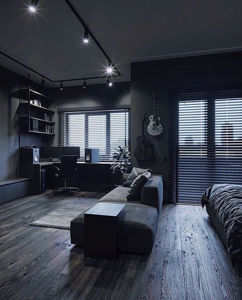 All Black Living Room, Black Bedroom Design, Black Rooms, Black Living Room, Bedroom Setup, Black Bedroom, Dark Interiors, Loft Design, Dream Rooms