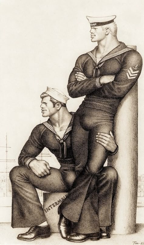 Two Sailors illustration by TOM of FINLAND 1985 from Tom of Finland (1992) Taschen. (please follow minkshmink on pinterest) #tomoffinland #sailor #gaysailor #gayart #homoerotica Tom Of Finland Art, Tom Of Finland, Gay Comics, Art Of Man, Queer Art, Manama, Bruce Springsteen, Gay Art, Male Art