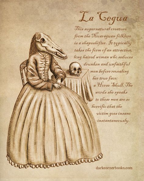 This supernatural creature from the Nicaraguan folklore is a shapeshifter. It typically takes the form of an attractive long haired woman who seduces drunken and unfaithful men before revealing her true face: a Horse Skull. The words she speaks to these men are so horrific that the victim goes insane instantaneously. Monster Mythology, Magical Creatures Mythology, Mystical Creatures Mythology, Fantasy Creatures Mythology, Horse Skull, Myths & Monsters, Mythical Monsters, Legends And Myths, 다크 판타지