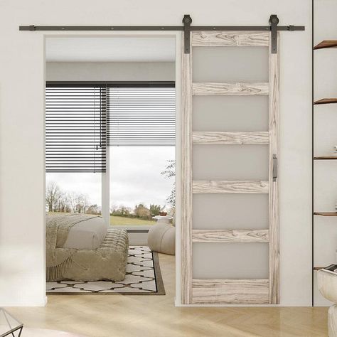 Add a charming farmhouse touch to your home with the Barn Door. The perfect combination of  glass and wood makes the whole door look not monotonous. This door features a barndoor-style design and a warm, rustic finish. 5 Panel Barn Door, Panel Barn Door, Mirror Barn Door, Barn Door Window, Barn Door Installation, White Barn Door, Wood Barn Door, Glass Barn Doors, Double Barn Doors