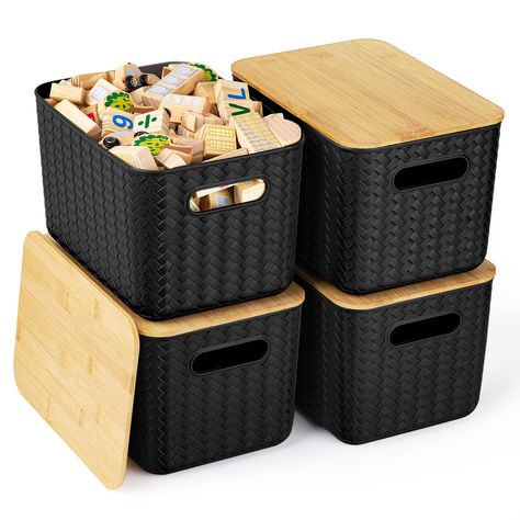 4 Packs Storage Bins with Bamboo Lids - Plastic Storage Containers with Lids Stackable Storage Box：Storage Baskets for Organizing Desktop Closet Playroom Classroom Office (Black) Organizing Desktop, Closet Playroom, Plastic Storage Containers, Large Storage Bins, Stackable Storage Boxes, Playroom Classroom, Colorful Storage, Stackable Storage Bins, Office Black