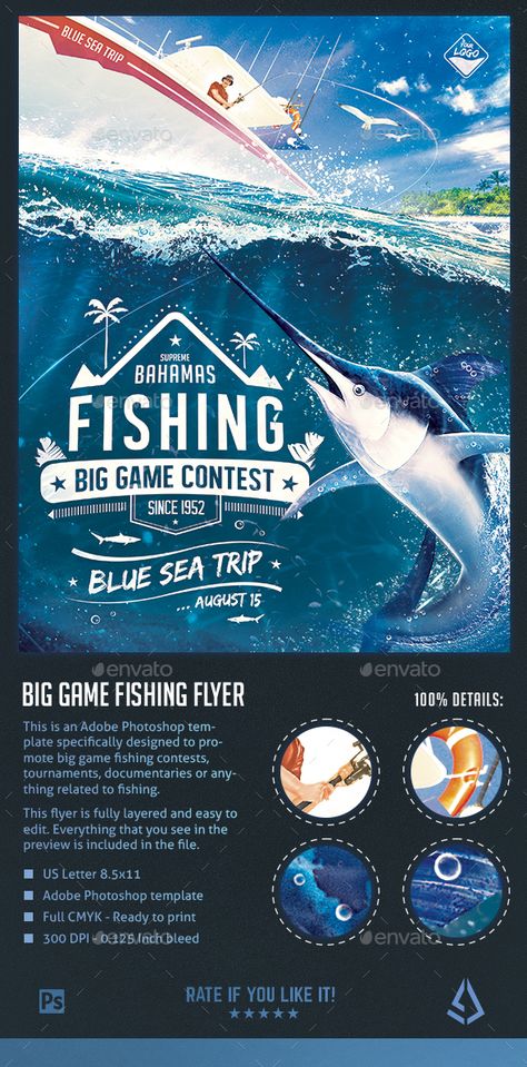 Big Game Fishing #Flyer - Blue-Water Fishing #Poster Template - Sports Events Download here:  https://graphicriver.net/item/big-game-fishing-flyer-bluewater-fishing-poster-template/20084546?ref=alena994 Fishing Tournament Flyer, Impact Infographic, Game Lounge, Fish Banner, Fishing Poster, Fishing Games, Fish Poster, Game Fishing, Big Game Fishing