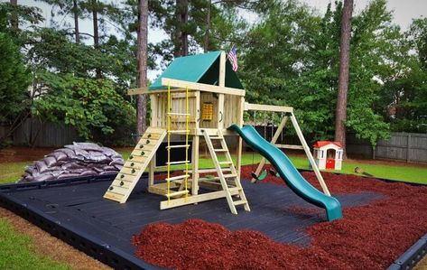 Sandbox Around Playset, Landscaping Under Swingset, Swingset Landscaping Rubber Mulch, Playset Border Ideas, What To Put Under Playset, Under Playset Ideas, Diy Playground Border, Playground Backyard Landscaping, Playset Landscaping