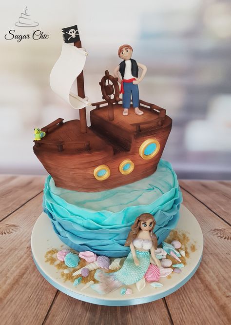 Pirate & Mermaid Birthday Cake Pirate Cakes, Pirate Birthday Cake, Pirate Mermaid, Pirate Ship Cakes, Girl Pirate, Mermaid Pirate Party, Pirate Themed Birthday Party, Pirates Party, Pirate Themed Birthday