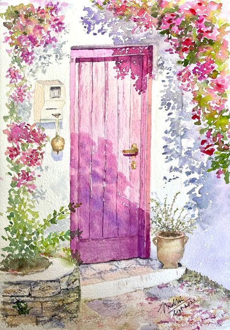 Open Door Watercolor Painting, Watercolor Doorways, Watercolor Doors Paintings, Watercolour Door, Door Drawing Ideas, Greece Watercolor Painting, Doors Watercolor, Long Canvas Painting Ideas, Doors Drawing