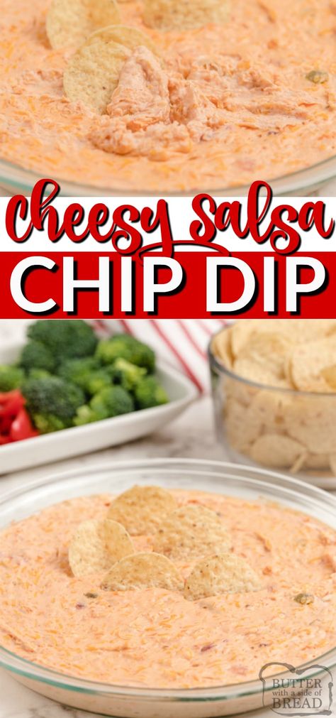 Cheesy Salsa Dip made with cream cheese, salsa, sour cream and cheddar cheese. This cream cheese salsa dip is baked and served warm with chips for an easy appetizer everyone loves! Taco Dip With Cream Cheese And Salsa, Dip With Salsa And Cream Cheese, Dips With Salsa, Salsa Dips For Parties, Sour Cream Salsa Dip, Mexican Dip With Cream Cheese, Nacho Dip With Cream Cheese, Warm Salsa Recipe, Cheese And Salsa Dip