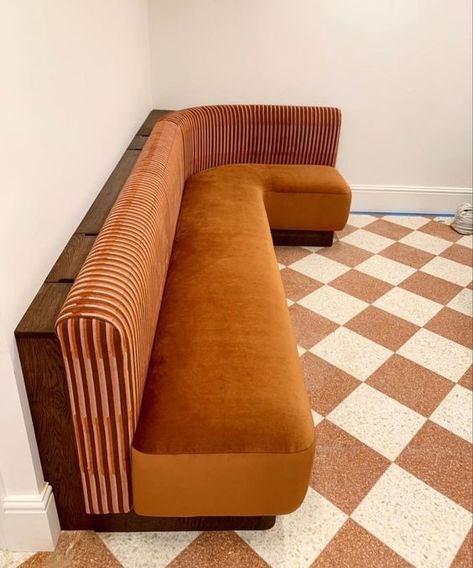 Terracotta Banquette Seating, Curved Upholstered Bench Seating, Arches Interior, Mid Century Banquette, Indoor Bench Seating, Curved Banquette, Banquette Ideas, Built In Bench Seating, Banquette Cushions