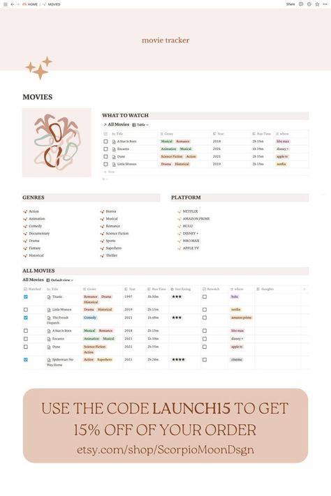 Movie tracker for Notion, Notion Personal Tem Notion Personal Template, Notion Inspiration, Notion Tips, Movie Tracker, Notion Inspo, Notion Ideas, Notion Aesthetic, Content Calendar Template, Aesthetic Notion