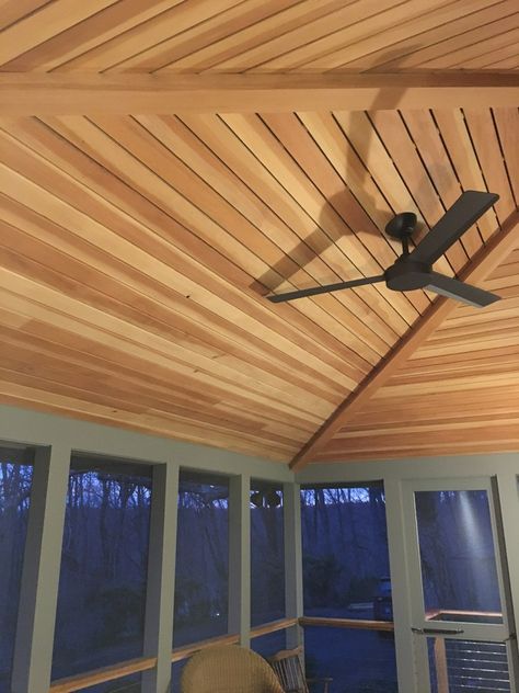 deciding between tongue and groove or beadboard for porch ceilings Tongue And Groove Tray Ceiling, Tray Ceiling With Lights, Stained Beadboard Ceiling, Green Siding House, Stained Beadboard, Knotty Pine Ceiling, Florida Lanai, Tounge And Groove, Retro Ceiling Fans