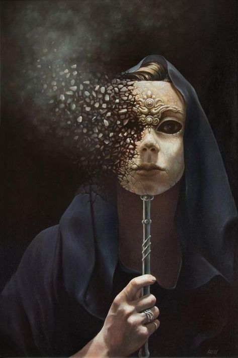 Masks 3 - Welcome in my playroom, you will surrender to the fire, no fear is accepted, your brain will cease to explore, your feelings will be torn apart into pieces... watch out! Inspiration Tattoos, 다크 판타지, Art Brut, Visionary Art, Surreal Art, A Mask, Dark Art, Surrealism, Antonio Mora Artwork