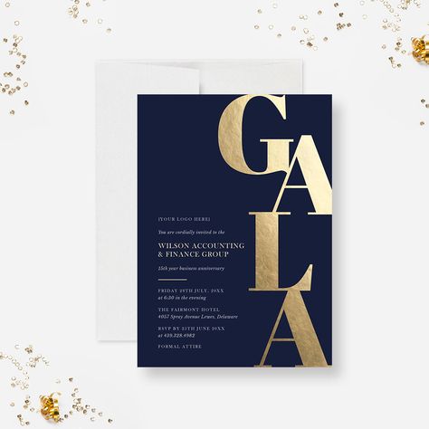 This gala invitation card is perfect for inviting guests to a formal event and making a great impression. With a design exuding elegance and simplicity, this invitation features a sleek navy blue background, paired with striking typography.This invitation is suitable for galas, anniversary parties, dinner parties, and similar work functions.The card reads: Gala (This text can be edited to suit your event. Keep in mind that the main title must be short for best results) Please note the gold is no Work Invitation Design, Corporate Anniversary Invitation, Formal Event Invitation Design, 30th Birthday Gala, Navy And Gold Invitations, Professional Invitation Design, Formal Party Invitation, Annual Dinner Invitation Card, Formal Gala Invitation