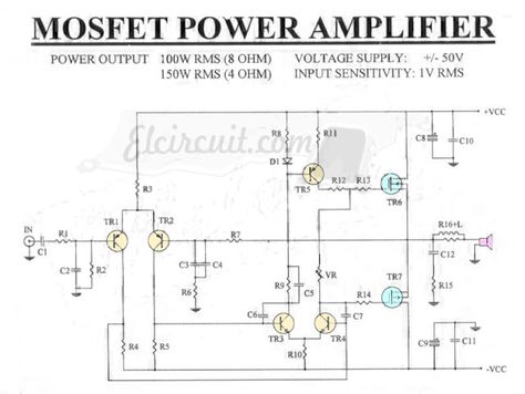 Mosfet power amplifier circuit with power output 100W RMS at 8 Ohm and 150W RMS at 4 Ohm. Power Supply Voltage + - 50VDC. Sensitivity input 1V RMS. Final Mosfet transistor using K1058 and J162 Amplificatori Audio, Electronics Projects For Beginners, Emergency Generator, Diy Amplifier, Power Supply Circuit, Electronic Circuit Design, Spectrum Analyzer, Subwoofer Amplifier, Audio Amplifiers