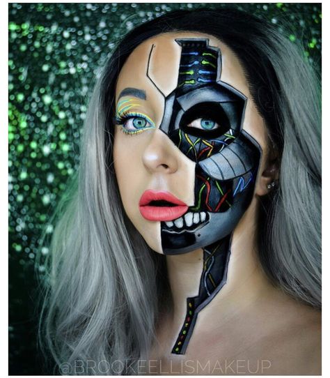 Robot Makeup Cyborgs, Robot Makeup Look, Terminator Makeup, Robot Makeup, Futuristic Makeup, Face Paint Ideas, Halloween Makeup Diy, Paint Metal, Halloween Makeup Pretty