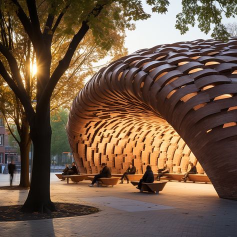 Oval Architecture, Amphitheater Architecture, Interactive Architecture, Yoga Ideas, Entrance Gate, Company Design, Parametric Architecture, Wood Architecture, Organic Wood