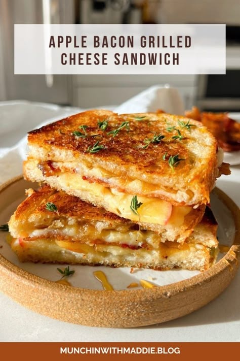 A comfort food classic with a fall twist! This Apple Bacon Grilled Cheese Sandwich is the perfect combination of melty sharp cheddar, salty bacon and crisp apples, all sandwiched between crispy buttery sourdough bread. It’s leveled up even further with a smear of caramelized onion jam to satisfy all your sweet and savory cravings! Turkey Bacon Grilled Cheese, Apple Bacon Grilled Cheese, Jam And Cheese Sandwich, Fall Sandwich Recipes, Autumn Sandwiches, Caramelized Onion Jam, Winter Sandwiches, Bacon Sandwich Recipes, Fall Sandwiches