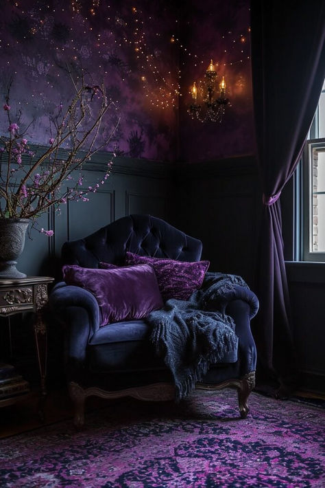 whimsy goth inspo, whimsy goth bedroom, dark purple bedroom, dark purple room, dark feminine room Queen Decor, Whimsy Goth Bedroom, Purple Cottage, Goth Bedroom, Moody Decor, Feminine Bedroom, Dark Queen, Purple Bedroom, Whimsy Goth