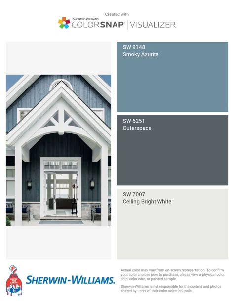 love the entry architecture Blue Exterior Color Schemes, Exterior Blue Grey House Colors, Exterior House Colors Blue Green, Exterior Colors For Small Houses, Sherwin Williams Blue Exterior Paint, Color Palette Exterior House, Entry Architecture, Outside House Paint, Outside House Colors