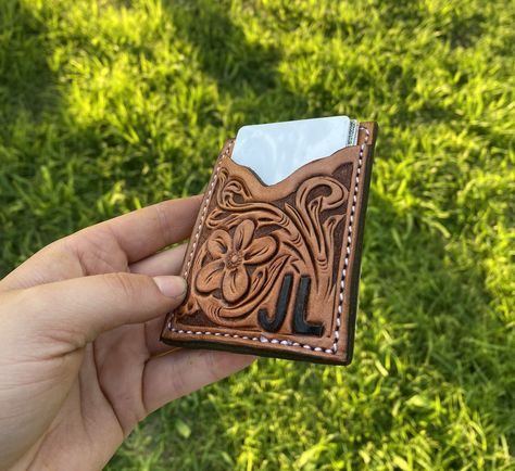 Custom Money Clip Wallet | Card Wallet | Gift for Him | Western Wallet | Genuine Leather | Custom Wallets For Men, Tooled Leather Card Holder, Leather Gifts For Men, Leather Projects Ideas, Leather Christmas Gifts, Leather Work Ideas, Wallet Ideas, Custom Money, Diy Leather Wallet