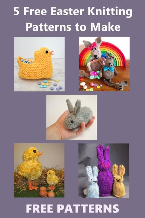 image showing 5 Easter knitting projects to make for free Easter chick basket, two rabbits designs, big chick and little chick and Easter egg covers in two sizes Rabbit Knitting Pattern Free, French Knitting Ideas, Easter Knitting Patterns, Knitted Easter Crafts, Easter Knitting, Bunny Baby Blanket, Rabbit Knitting Pattern, Knitting Projects Free, Loop Knitting