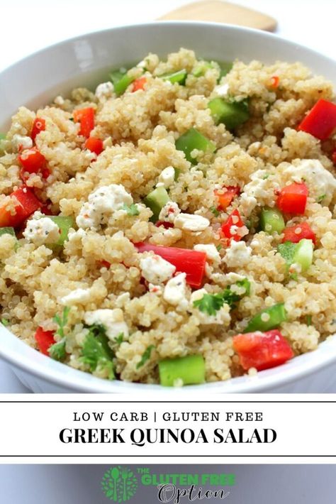 Gluten Free Greek Quinoa Salad with feta | This filling greek quinoa salad is a healthy, gluten free side dish to accompany any meal! Or take another scoop and make it a meal! | Easy Gluten Free Side Dish | Low Carb Side Dish | Quinoa Salad Gluten Free Side Dishes Easy, Side Dish Low Carb, Gluten Free Quinoa Salad, Bring To A Bbq, Gluten Free Side Dish, Gluten Free Side, Greek Quinoa, Greek Quinoa Salad, Gluten Free Lasagna