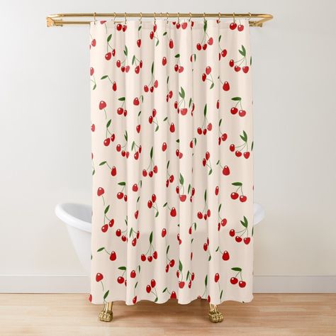 Shower Curtain Ideas Bathroom Aesthetic, Red Themed Bathroom, Cherry Shower Curtain, Cherry Themed Bathroom, Cherry Bathroom Decor, College Apartment Bathroom Decor, College Apartment Bathroom Ideas, Cherry Curtain, Cute Bathroom Themes