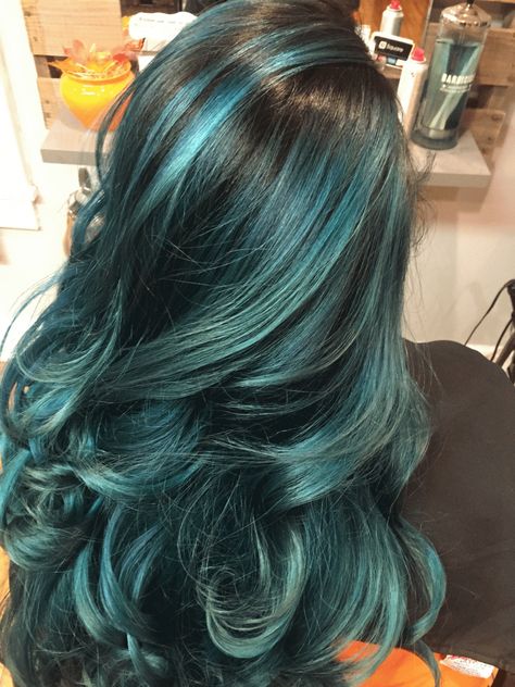 Teal Blue Hair Highlights, Long Teal Hair, Aqua Marine Hair, Turquoise Hair Highlights, Teal Hair Ombre, Las Finest, Aqua Hair Color, Teal Highlights, Dimensional Hair