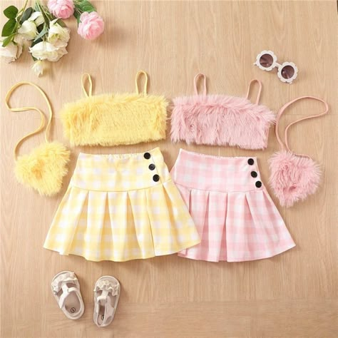 3-Piece Girls Matching Set: Skirt, Crop-top and Purse. Care: Machine wash on low or delicate. Dry on gentle or low. Perfect Gift for birthdays, holidays, or just to make any day special for the little one in your life. Matching Set Skirt, Cute Outfits With Shorts, Plaid Skirt Set, Plaid Pleated Skirt, Cute Dress Outfits, Skirts For Kids, Cute Preppy Outfits, Girls Summer Outfits