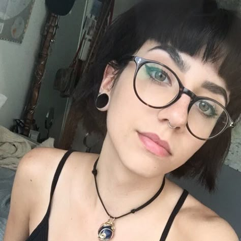 Goth With Glasses, Goths With Glasses, Alternative Makeup With Glasses, Goth Makeup With Glasses, Strange Aeons, Punk Glasses Frames, Bangs And Glasses, Girl Reference, Tomboy Hairstyles