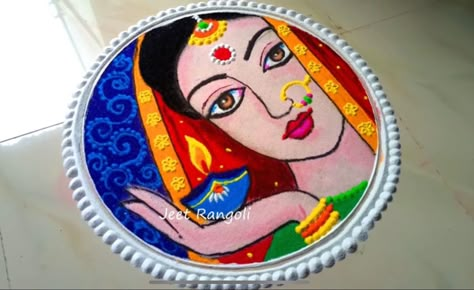 Jeet Rangoli Deewali Rangoli Designs, Face Rangoli Designs, Women Rangoli, Laxmi Pooja Rangoli, New Rangoli Designs Creativity, Cute Rangoli Designs, Rangoli For Diwali Easy, Deepawali Rangoli, Art For Students