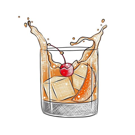 Old Fashioned Drawing, Old Fashion Cocktail, Cocktail Drawing, Cocktails Drawing, Cowboy Draw, Old Fashioned Drink, Cocktail Illustration, Poster Decorations, Alcoholic Cocktails