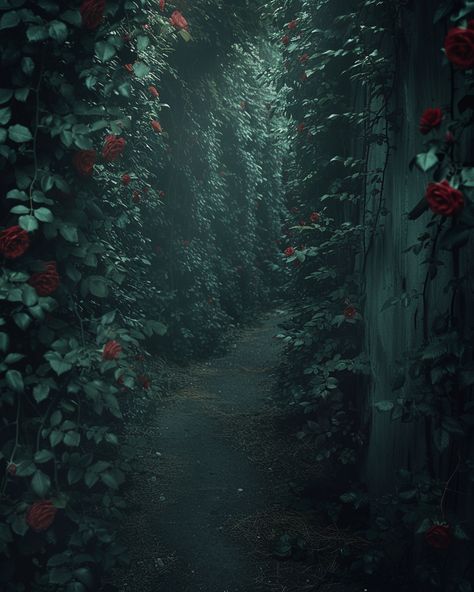 Venturing deeper, you find yourself in a maze of towering, thorny vines that seem to pulse with a life of their own. ⁠ The air is thick with the scent of wild roses and danger. The thorns twist and turn, guiding and blocking your way, forming a labyrinth that feels alive. ⁠ Each step you take is a puzzle, and every wrong turn tightens the thorns around you, as if the maze itself is testing your resolve.⁠ ⁠ ⁠ #aiart #aiartwork #aiartcommunity #aiimage #aipainting #digitalart #art #aiphoto #ar... Dark Maze Aesthetic, Hedge Maze Aesthetic, Garden Maze Aesthetic, Roses In Nature, The Labyrinth Aesthetic, Thorns Aesthetic, Maze Aesthetic, Dangerously Yours, Vines Aesthetic