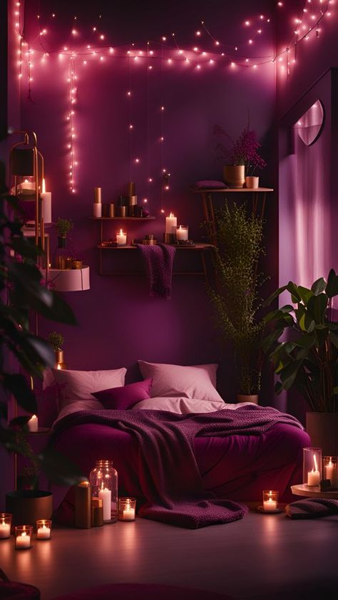 Dream Bedroom Inspiration, Feminine Bedroom, Purple Bedroom, Apartment Decoration, Dark Home Decor, Small Apartment Living Room, Dark Home, Bedroom Red, Design Apartment