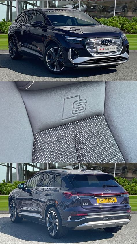 The impeccably designed Audi Q4 e-tron is the next big step in the evolution of electric Audi cars. Fully electric, expressive and ready for the everyday. This 2021 Audi Q4 E-tron S line is finished in the beautiful Aurora Violet metallic paint, and is badged 35 E-tron meaning it has the powerful and efficient battery set up with an output of 170 PS! Electric Audi, Audi Q4, Audi Cars, Tron, Metallic Paint, Evolution, Aurora, Audi, Violet