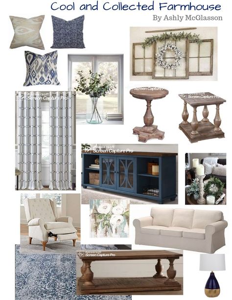 French Navy Living Room, Nautical Living Room Ideas Farmhouse, Blue And Cream Living Room Decor, Blues And Beige Living Room, Home Decor Boards Interior Design, Kitchen Mood Boards 2023, Rustic Living Room Mood Board, Blue Accented Living Room, Navy Blue Farmhouse Decor