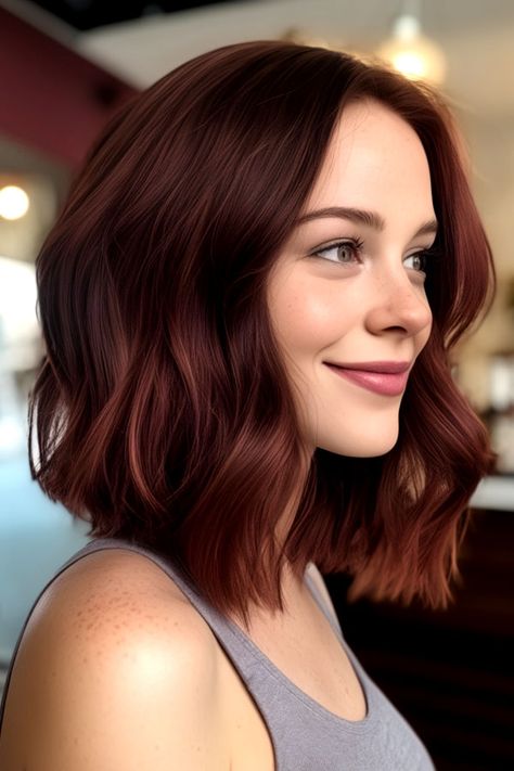 Deep Mahogany Auburn Long Bob, autumn hair color idea Mahogany Chestnut Hair Color, Auburn Hair Colour, Autumn Hair Color, Mahogany Hair Color, Mahogany Brown Hair, Hairstyles For Seniors, Hair Color Idea, Mahogany Hair, Auburn Balayage