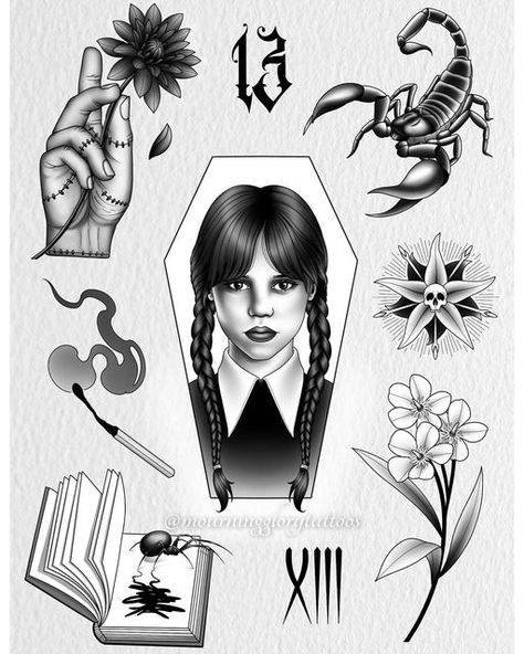 Wednesday Addams Inspired Tattoo, Wednesday Addams Flash Tattoo, Wednesday Addams Tattoo Ideas, Adams Family Tattoo, Black Dahlia Tattoo, Wednesday Tattoo, Addams Family Tattoo, Wednesday Addams Tattoo, Dahlia Tattoo