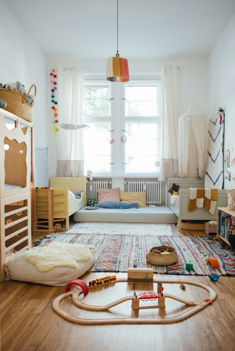 Different Rugs In One Room, Kids Room For Two, Kids Room Shared, Scandinavian Kids Room, Kids Room Rugs, Children Room Ideas, Rug For Kids Room, Toddlers Room, Kids Rooms Inspo