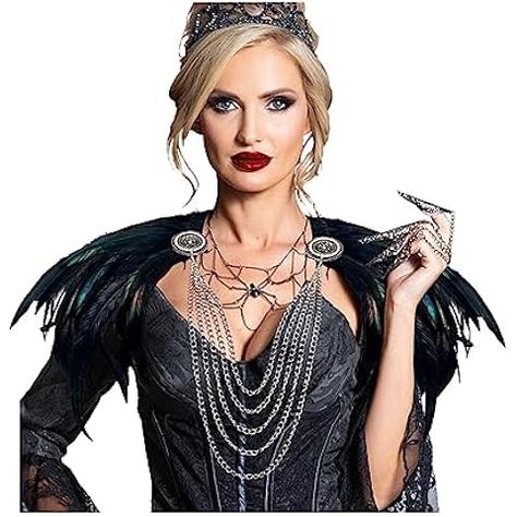 Amazon.com: L'VOW Real Black Feather Harness Lace Collar Necklace Bib Halloween (Z-Black003) : Clothing, Shoes & Jewelry Moody Outfit, Feather Collar, Feather Scarf, Victorian Gothic Style, Feather Cape, Feather Top, Lace Shrug, Cape Shawl, Black Poncho