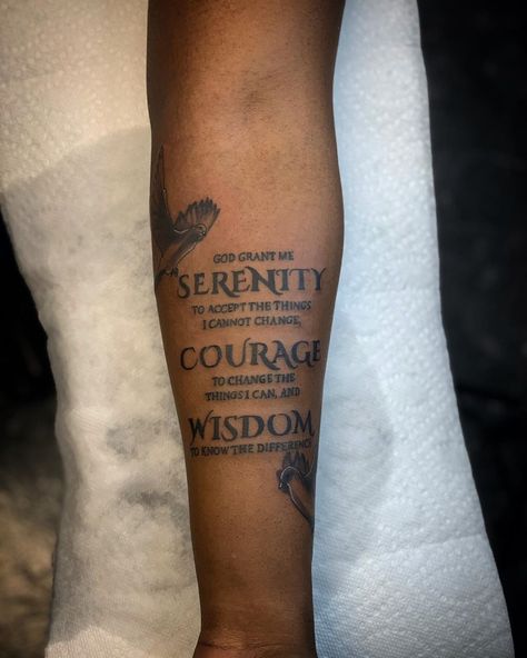 🙌🏽 Serenity Prayer Done On Bro @treystylesvi ‼️ 💪🏽💯🥇 Thank You Again Bro ❗️ #HHI®️❗️ #WeMakinHistory #realism #tattoo #motivation #hustle… Serenity Prayer Tattoo, Back Of Forearm Tattoo, Serenity Tattoo, Wisdom Tattoo, Arm Tattos, Prayer Tattoo, Tattoo Homme, Motivation Hustle, Female Lion