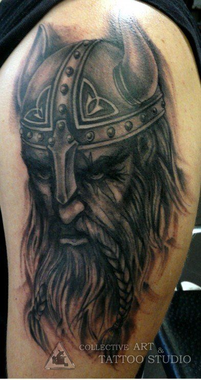 Viking tattoo by Zanda   www.collectivearttattoostudio.com Solder Tattoos, Viking Head Tattoo, Viking Tattoos For Men, Viking Warrior Tattoos, Norse Mythology Tattoo, Viking Head, Viking Tattoo Sleeve, Knights Hospitaller, Vikings Tattoo