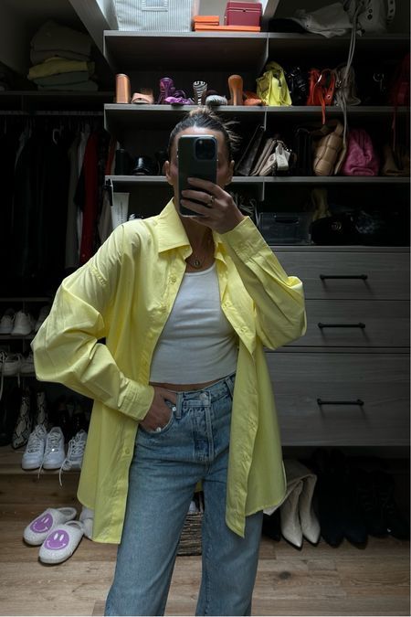 This Shop Tan Lines yellow button up shirt is my new favorite spring/summer item. I linked it along with this whole outfit on my LTK page. | outfit, style, looks, favorites, shirt, button up Yellow Button Down Outfit, Lined Shirt Outfit, How To Style A Yellow Shirt, Yellow Shirts Women, Yellow Shirt Outfit Aesthetic, How To Style Yellow Shirt, Yellow Button Up, Yellow Shirt Outfit Women Casual, Yellow Long Sleeve Shirt Outfit