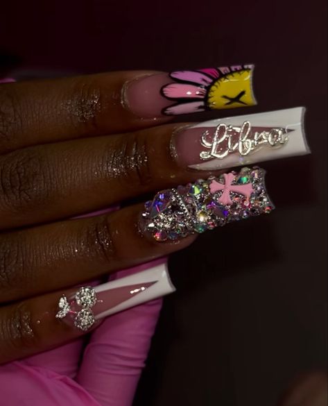 By @icedbymir Libra Bday Nails Ideas, Libra Bday Nails, Birthday Nails Libra Season, Libra Birthday Nails Design, Libra Nails Design Birthday, Cherry Charm Nails, Libra Inspired Nails, Libra Nails Acrylic, 18th Birthday Nails Ideas