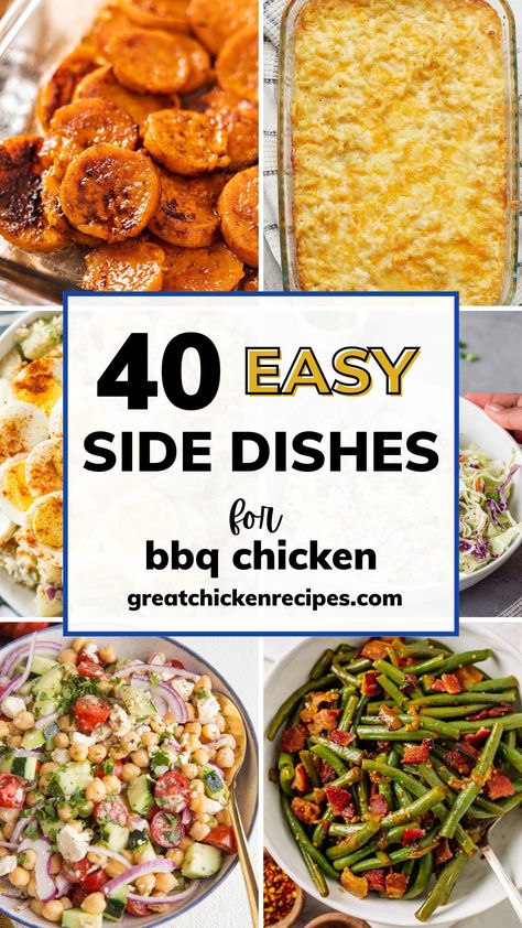 Add these bbq chicken sides to your cookout, summer potlucks, or family dinner menus. These versatile recipes include everything from classic potato salad to fresh salads and hot options like baked macaroni and cheese. Make these delicious recipes to have the ultimate barbecue feast. #bbq #chicken #recipes #sidedishes Sides For Get Togethers, Summer Bbq Recipes Sides, Chicken Cookout Recipes, Easy Hot Side Dishes For Potluck, Sides For Marinated Chicken, Bbq Easter Dinner, Bbq Chicken Dishes Dinners, Chicken Dish For Potluck, Sides For Bbq Pulled Chicken