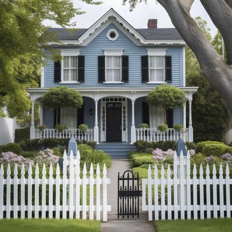 Light Blue Colonial House Exterior, Shutter Colors For Light Blue House, Light Blue Exterior House, Blue Suburban House, Blue Grey House Exterior, Blue Colonial House, New England House Exterior, Light Blue House Exterior, Blue Farmhouse Exterior