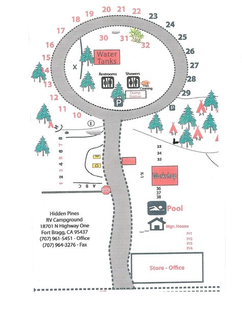 Hidden Pines RV Campground : Maps - Hidden Pines RV Campground Rv Park Design Plans, Campground Layout, Rv Park Design, Fort Bragg California, Rv Tent, Beach Cove, Small Rv, Rv Campgrounds, Fort Bragg