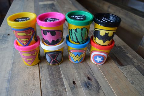 Super Hero Party Favor, Marvel Party Favors, Superhero Playdough, Playdough Party Favors, Batman Party Favors, Superhero Birthday Party Favors, Prek Graduation, Spidey Birthday, Playdough Party