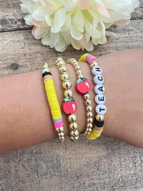 Teacher Valentine Bracelet, Teacher Appreciation Jewelry, How To Photograph Bracelets To Sell, Teacher Pencil Bracelet, Beaded Teacher Bracelets, Stacked Beaded Bracelets Diy, Teach Clay Bead Bracelet, Teacher Bracelet Gift, Teacher Appreciation Bracelet