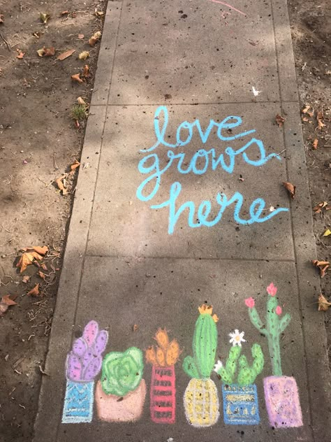 Wie süß ❤ Love grows here | Kreidebild mit Kakteen | Wir lieben so kreative Ideen | Mit Kreide malen | Anderen ein Lächeln ins Gesicht zaubern | Kaktus Liebe Summer Sidewalk Chalk, Sidewalk Chalk Art Ideas, Chalk Pictures, Chalk Art Ideas, Fun Chalk Art, Love Grows Here, Chalk Design, Chalk Wall, Sidewalk Chalk Art