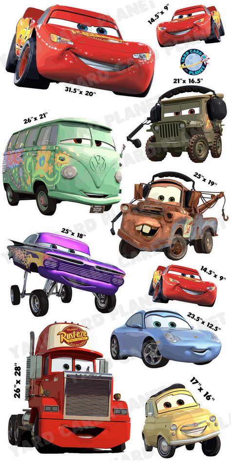 Join Lightning McQueen and his friends in Radiator Springs, learn that life is about more than just winning. Celebrate your next kids event with our awesome Cars Inspired Yard Card Flair Set. This set makes a great addition to any lawn sign display and can easily be customized by adding a greeting, a name and other fun flair pieces as part of the yard card setup. You will receive 10 lawn signs, professionally printed, precision cut and ready to stake in various sizes shown below. Yard Signs in t Cars Party Games, Disney Cars Characters Free Printable, Lightning Mcqueen Halloween Costume, Disney Cars Birthday Decorations, Cars Macqueen Printable, Lightning Mcqueen Birthday Party Ideas, Disney Cars Mater Svg, Disney Cars Printable Labels, Disney Pixar Cars Free Printables